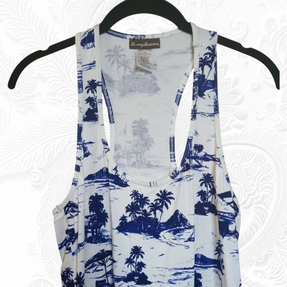 NWOT! Tommy Bahama White Racerback Maxi Dress Blue Island Themed Designs  - Picture 2 of 6